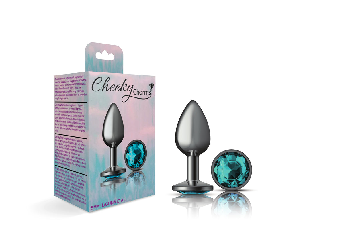 Cheeky Charms Gunmetal Round Butt Plug With Teal Jewel Small (6.78cm) > Anal Range > Jewel Butt Plugs