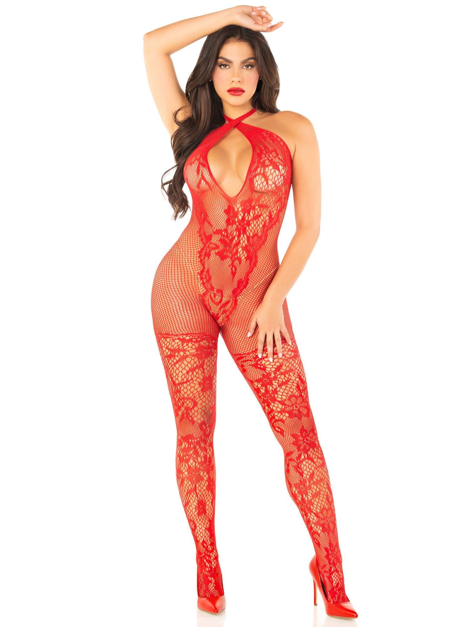 Leg Avenue Black Seamless Net Lace Lingerie Jumpsuit Bodysuit Red Bodystocking