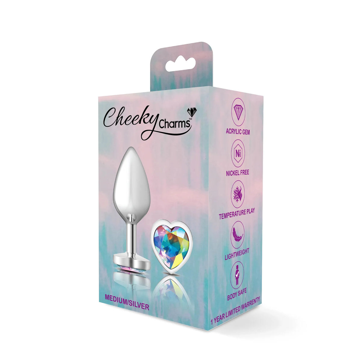 Cheeky Charms Silver Metal Butt Plug with Heart Clear Jewel Medium (8.03cm) > Anal Range > Jewel Butt Plugs