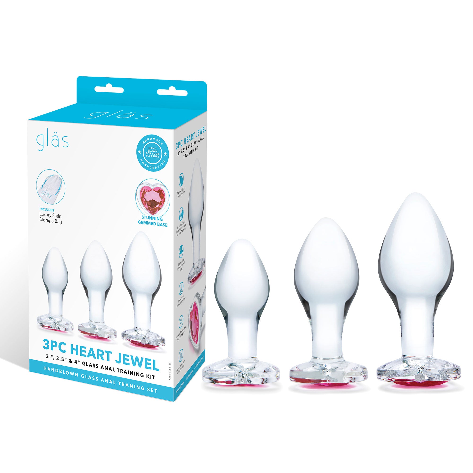 Glas 3 Inch 3.5 Inch 4 Inch 3PC Heart Jewel Clear Glass Anal Training Kit > Sex Toys > Glass
