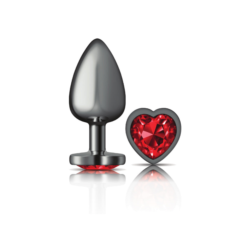 Cheeky Charms Gunmetal Butt Plug with Heart Red Jewel Large > Anal Range > Jewel Butt Plugs