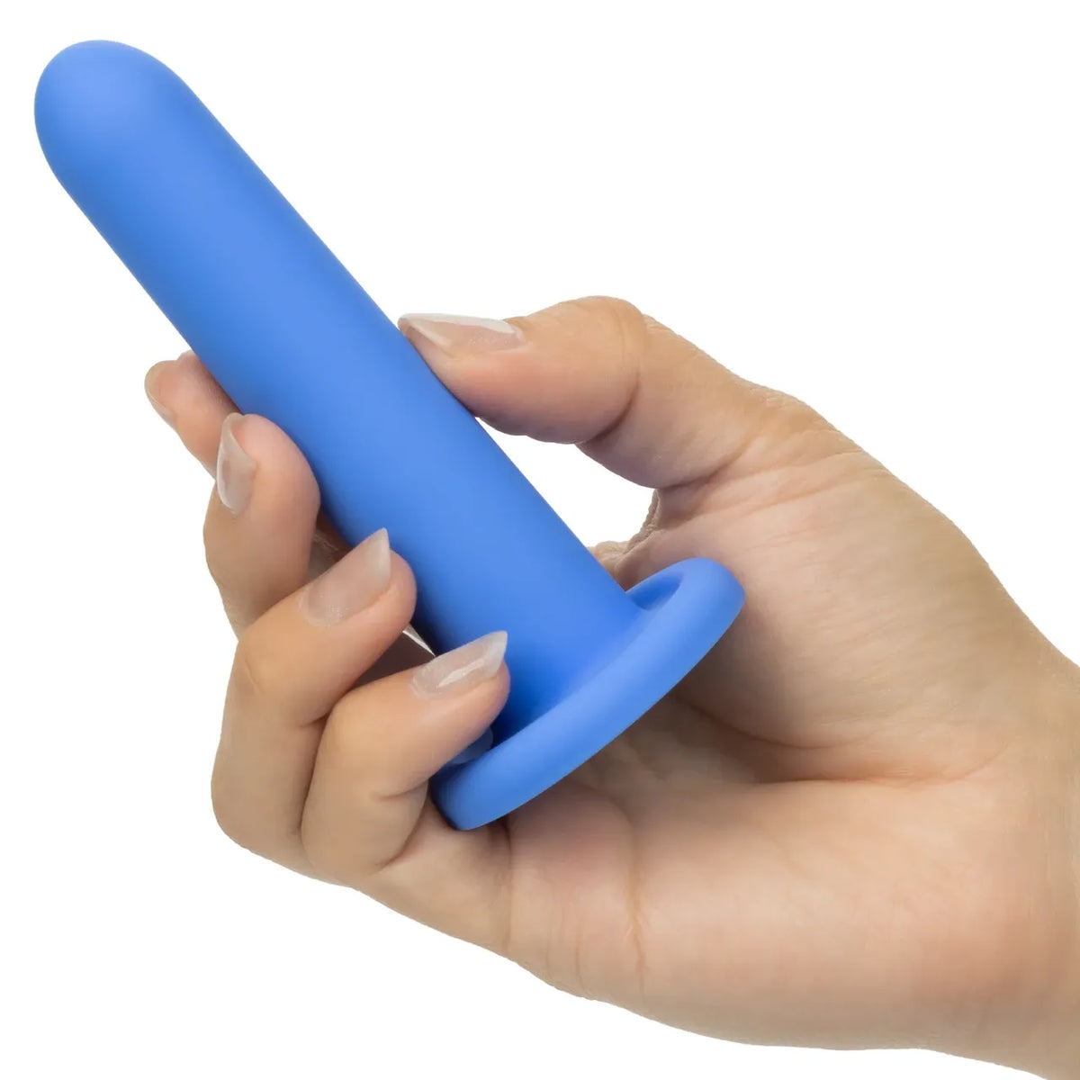 A blue silicone personal massager held in a hand against a plain white background.