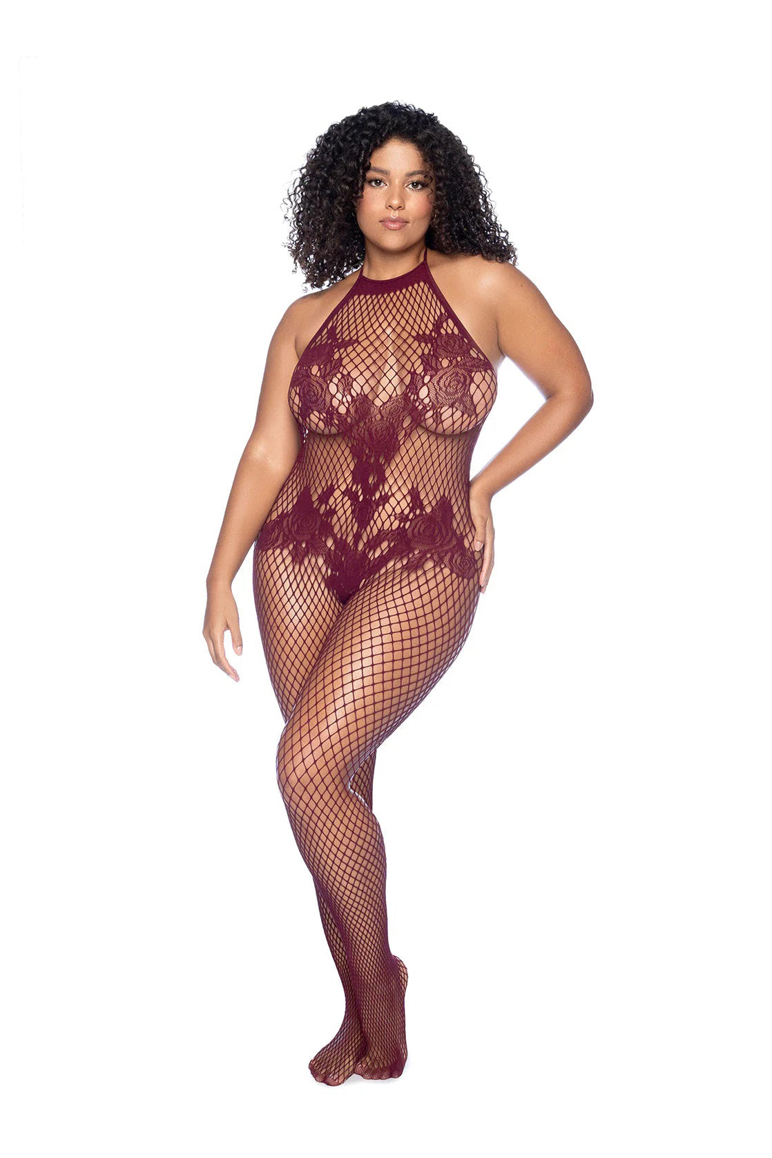 Vino Noir Floral Fishnet Halter Bodystocking Burgundy Curvy Size > Clothes > Bodies and Playsuits