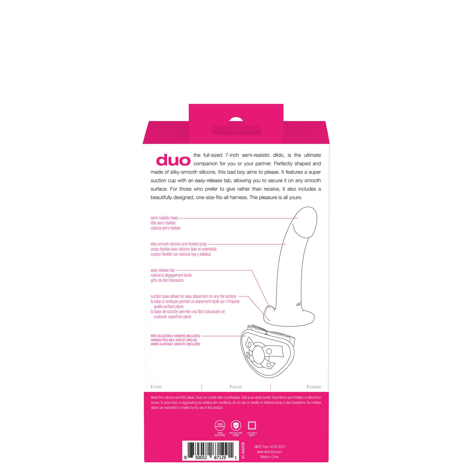Duo Semi-Realistic 7 Inch Dildo With Harness Pink Purple Harnesses & Strap-Ons