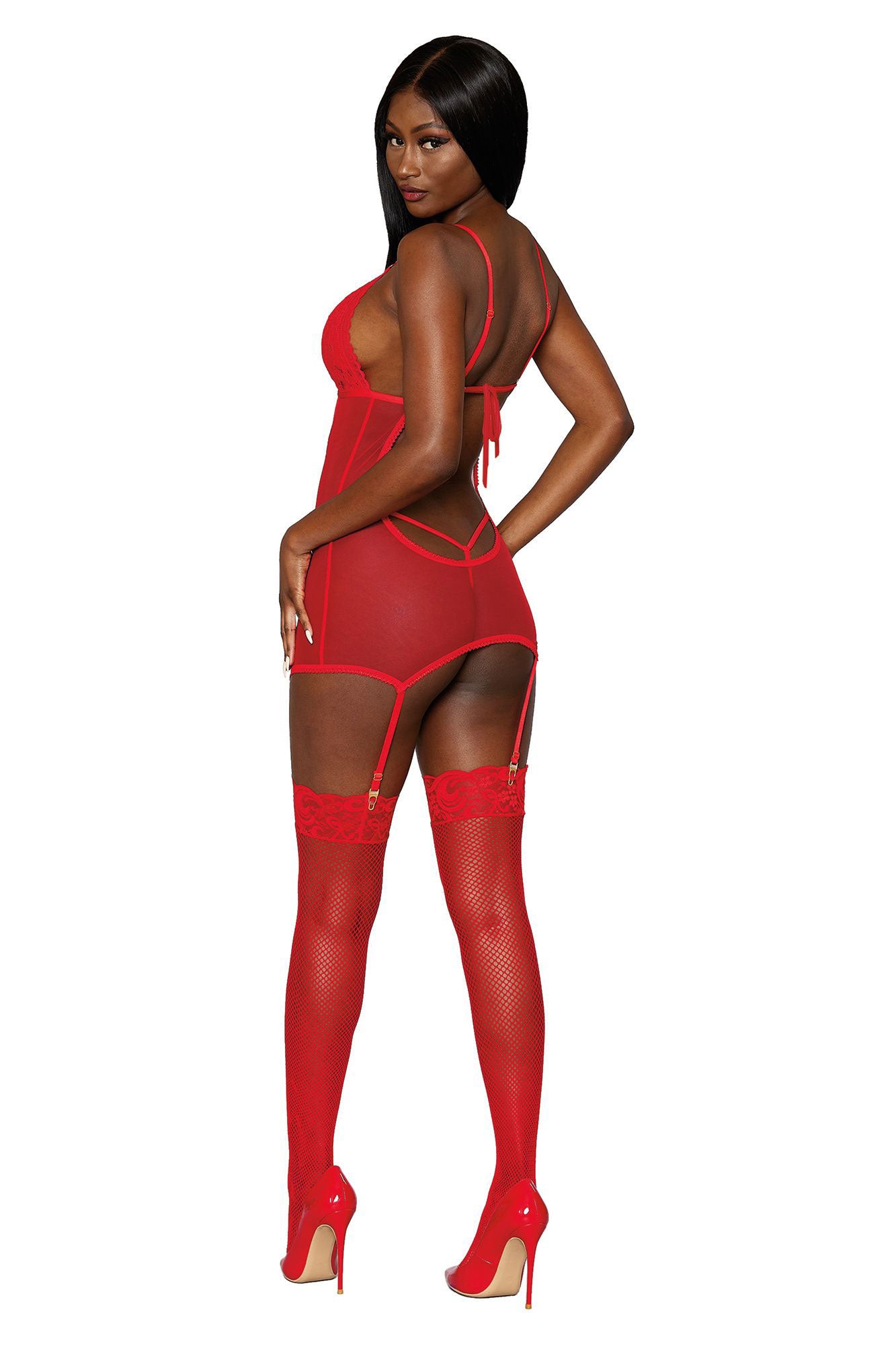 Red Mesh Lace Garter Slip and G-String Lingerie Set One Size Red Hosiery