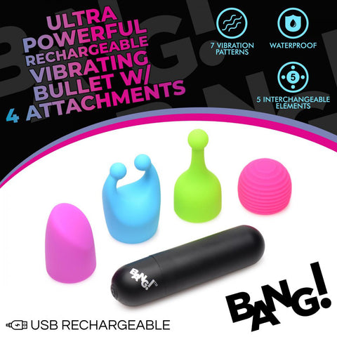 Bang! Rechargeable Bullet Vibrator with 4 Glow-in-the-Dark Attachments – Pink, Green, Blue, and Purple, Waterproof Silicone, 7 Vibration Patterns BULLETS