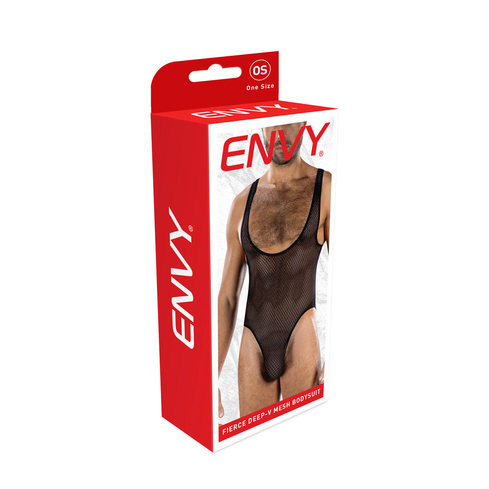 Fierce Deep V Mesh Bodysuit (Black) – Bodysuit Black One Size > Clothes > Mens Apparel