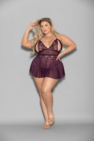 Shorty Babydoll (Plum Queen Size) – Lace Mesh Lingerie > Clothes > Babydolls