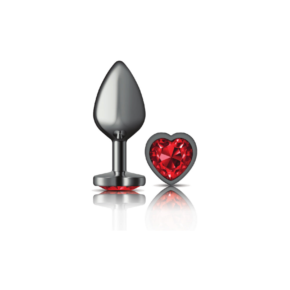 Cheeky Charms Gunmetal Butt Plug with Heart Red Jewel Medium Red > Anal Range > Jewel Butt Plugs