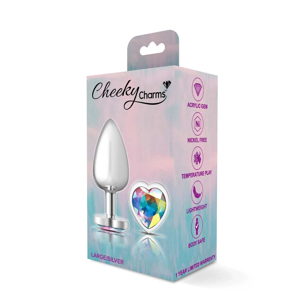 Cheeky Charms Silver Metal Butt Plug with Heart Clear Jewel Large (9.12cm) > Anal Range > Jewel Butt Plugs