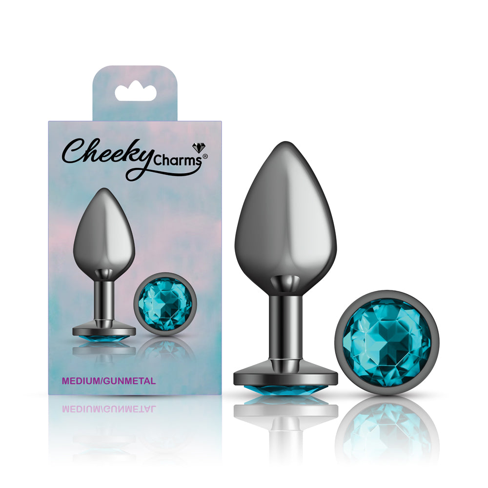 Cheeky Charms Gunmetal Round Butt Plug with Teal Jewel Medium (8.03cm) > Anal Range > Jewel Butt Plugs