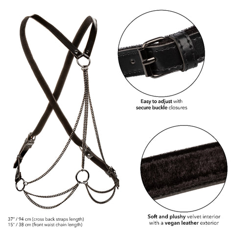 Euphoria Collection Multi Chain Harness with Black Vegan Leather and Velvet Interior, Adjustable Cross Back Design, One Size Womens Harnesses