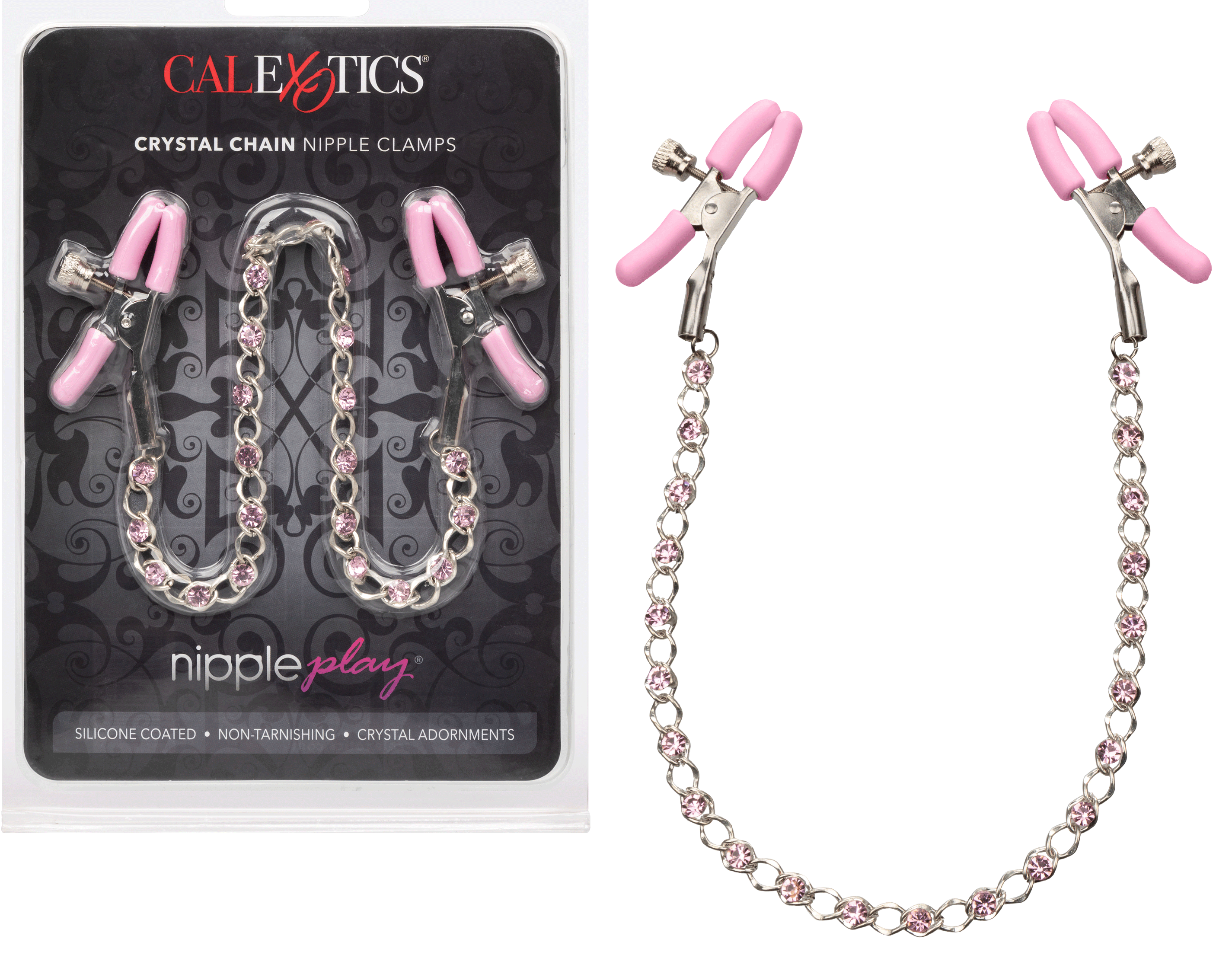 Nipple Play Crystal Chain Adjustable Nipple Clamps with Pink Silicone Coating and Sparkling Crystals Nipple Clips