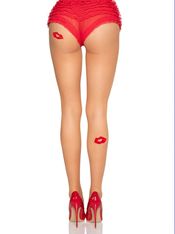 Bisou Sheer Kiss Tights (Nude/Red) – Sheer Embroidered Spandex Tights Hosiery