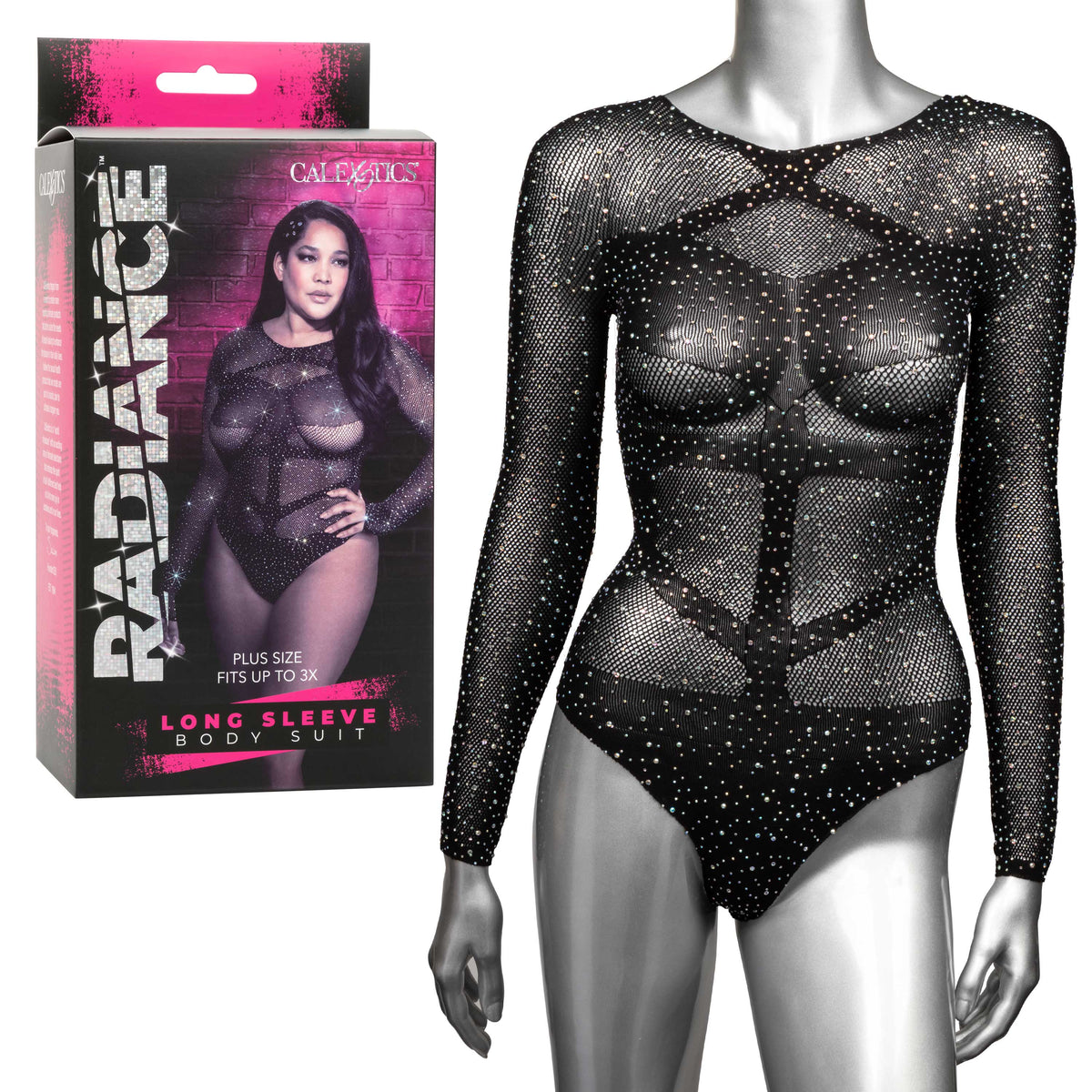 Radiance Plus Size Long Sleeve Black Mesh Rhinestone Body Suit Fits Up To 3X Black Curvy Size > Clothes > Plus Size Lingerie