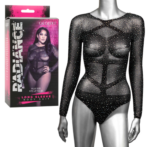 Radiance Plus Size Long Sleeve Black Mesh Rhinestone Body Suit Fits Up To 3X > Clothes > Plus Size Lingerie