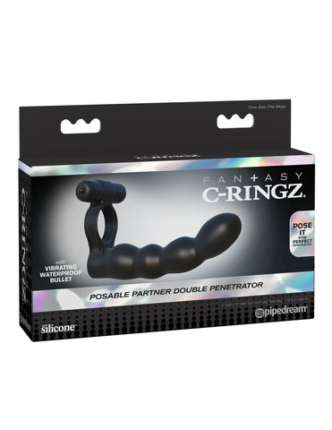 Fantasy Posable Partner Double Penetrator Black Silicone Toy COCK RINGS