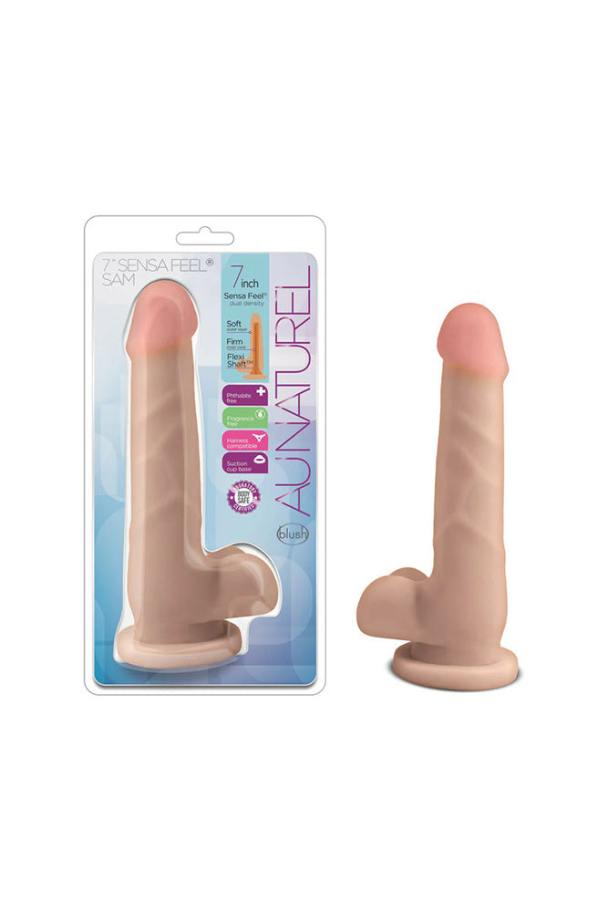 Blush Novelties - Au Naturel -  Sam 7 Posable Dual Density Dildo with Balls - Beige - Stag Shop