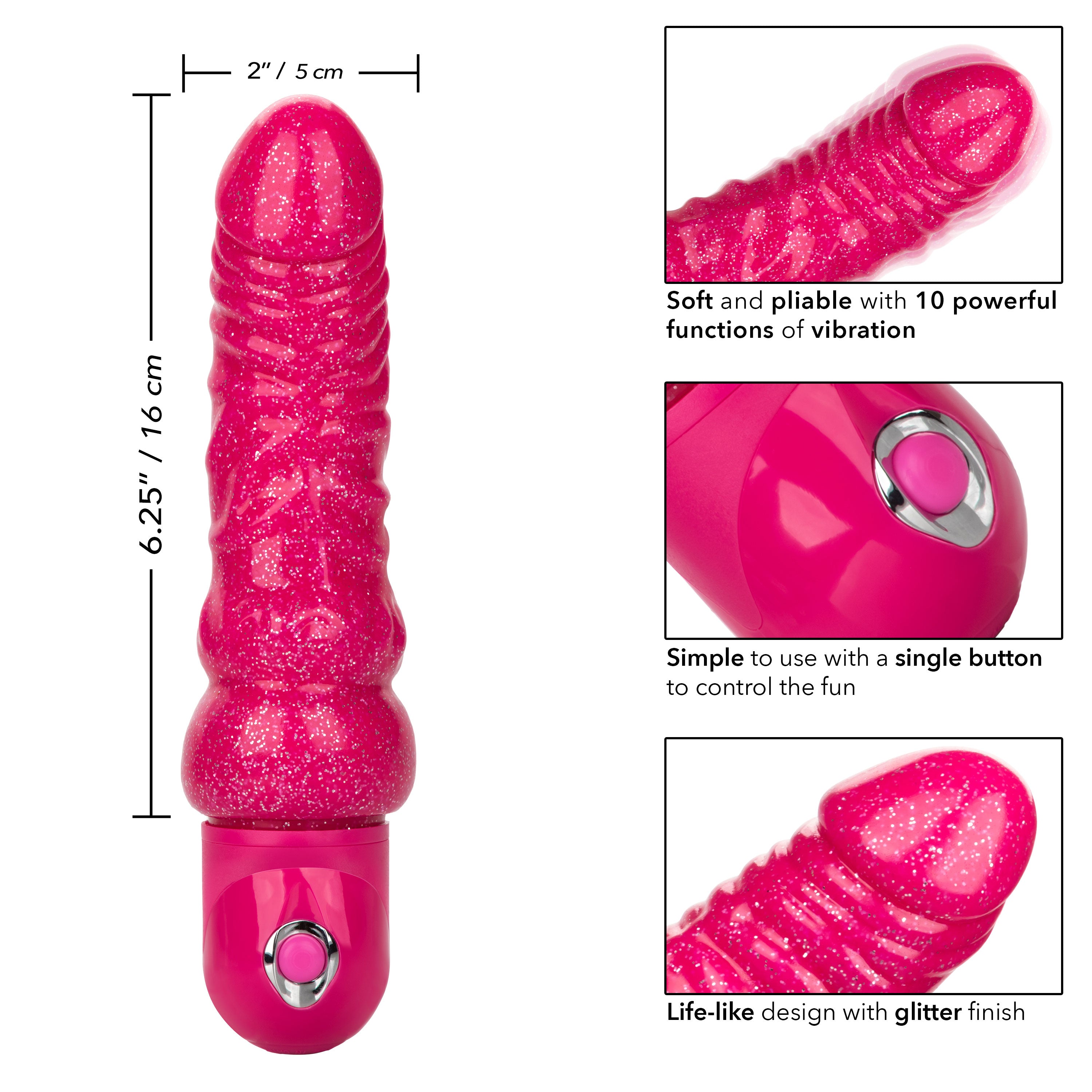 Naughty Bits Lady Boner Bendable Personal Vibrator Pink Glitter 10 Function Waterproof Pink Vibrators