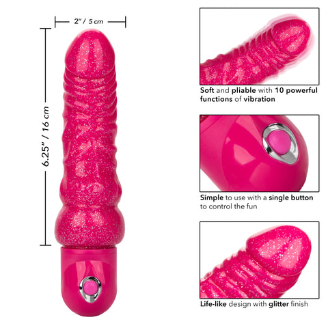 Naughty Bits Lady Boner Bendable Personal Vibrator Pink Glitter 10 Function Waterproof Pink Vibrators