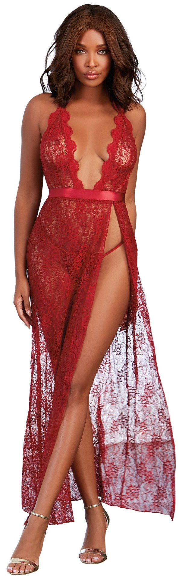 Garnet Lace Gown with Satin Tie Waist and Coordinating G-String (Small) – Delicate Long Lingerie Gown Set Secondary image