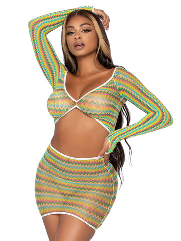 2 Pc Green Zig Zag Net Crop Top and Mini Dress Lingerie Set > Clothes > Dresses and Chemises