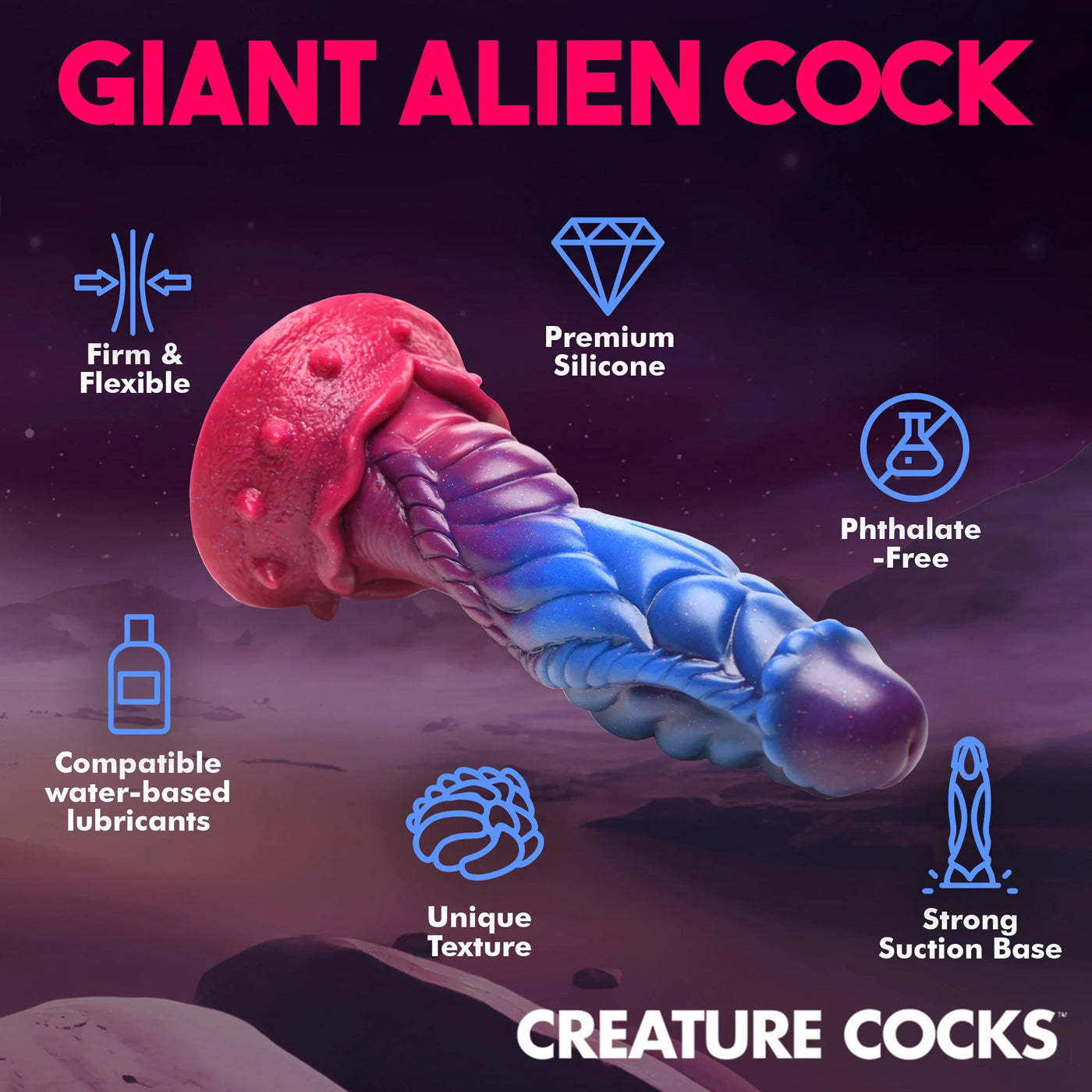 Creature Cocks Intruder Alien Silicone Dildo Purple Blue Pink 9 Inch with Suction Cup Fantasy Dongs