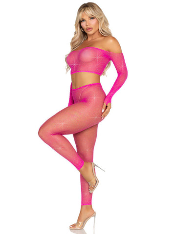 Rhinestone Fishnet Crop Top and Footless Tights Lingerie Set Lingerie Sets