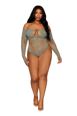 Queen Size Long Sleeve Teddy Lingerie in Sage with Gold Chain > Clothes > Plus Size Lingerie
