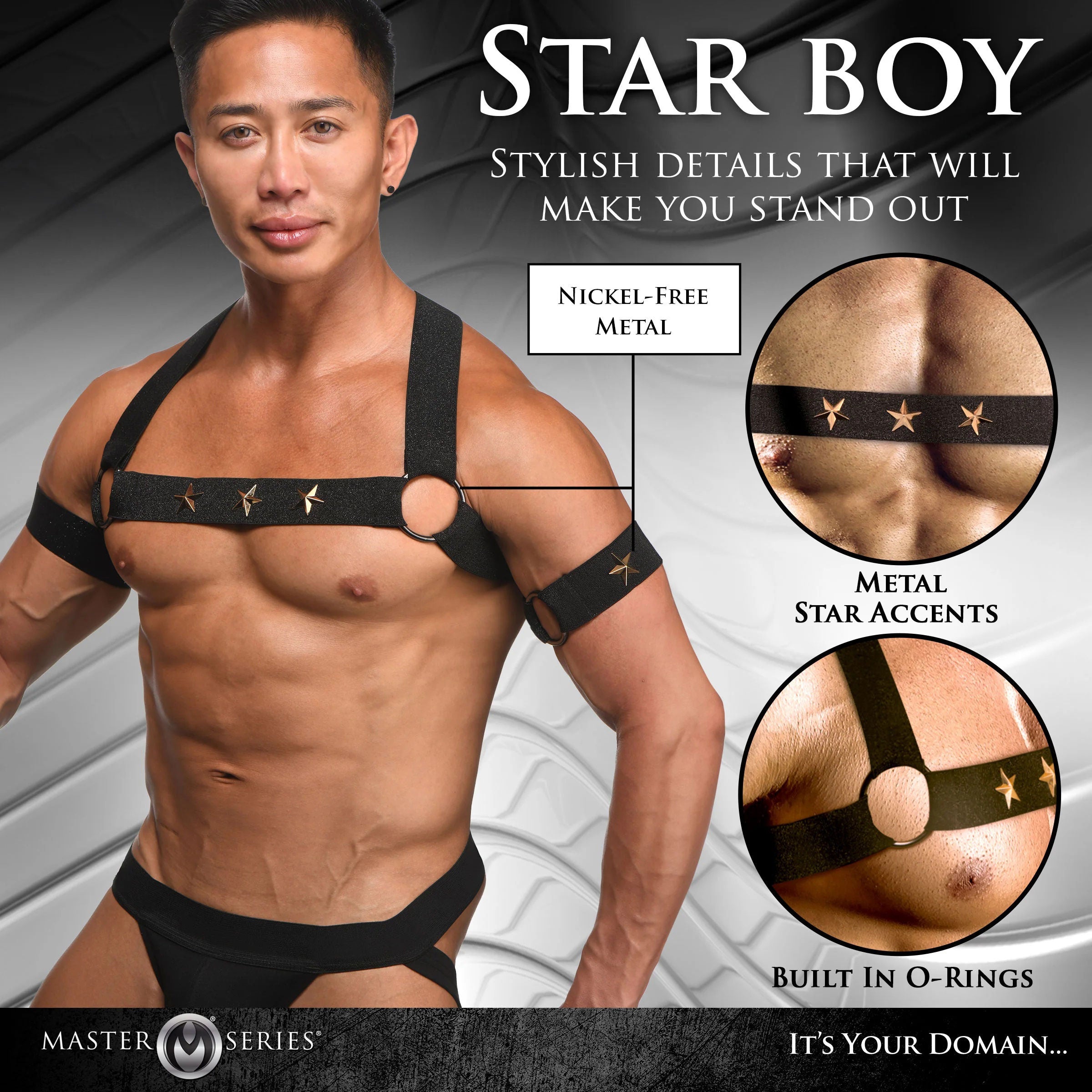Star Boy Male Chest Harness With Arm Bands Black Small Medium Mens Harnesses