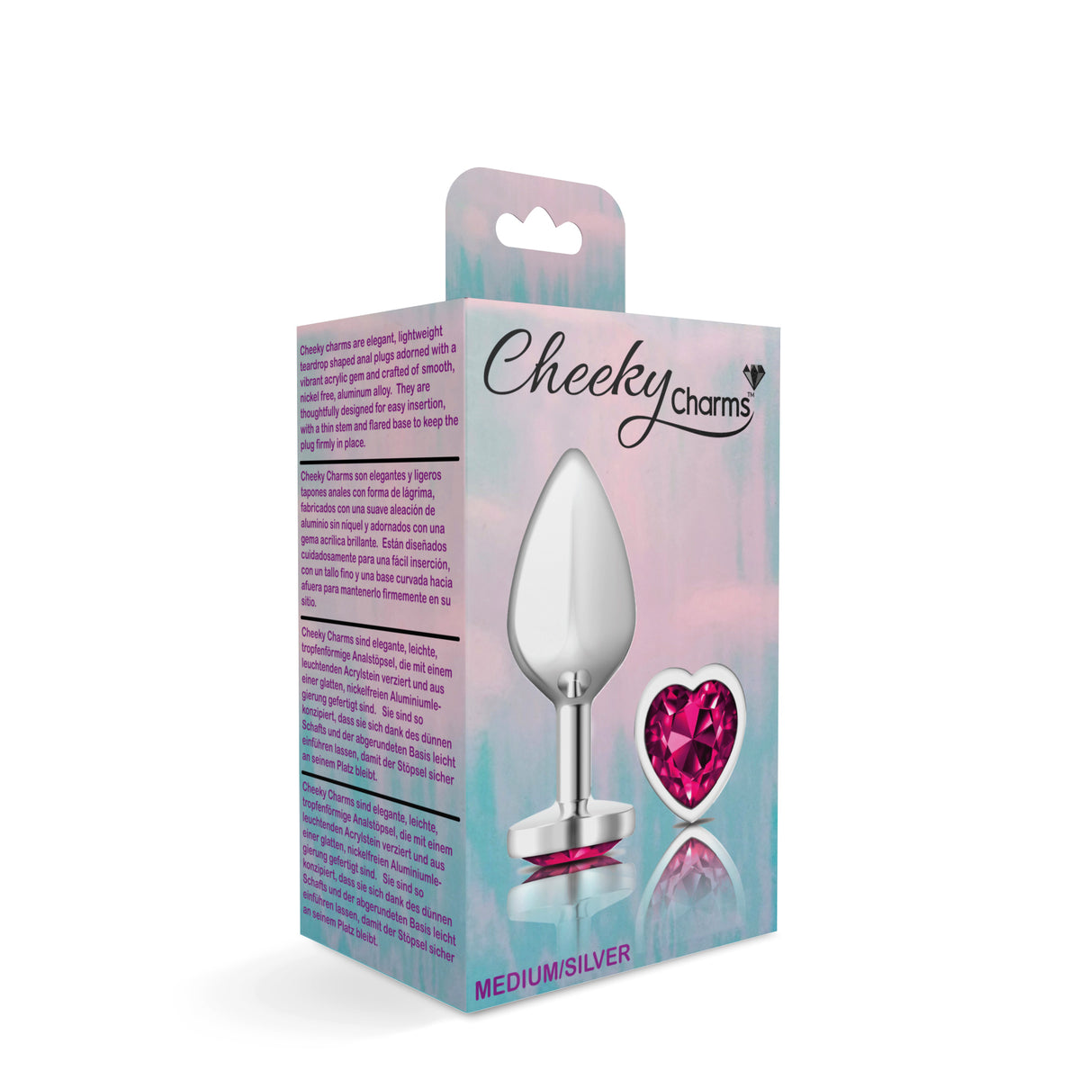 Cheeky Charms Silver Metal Butt Plug with Heart Pink Jewel Medium (8.03cm) > Anal Range > Jewel Butt Plugs