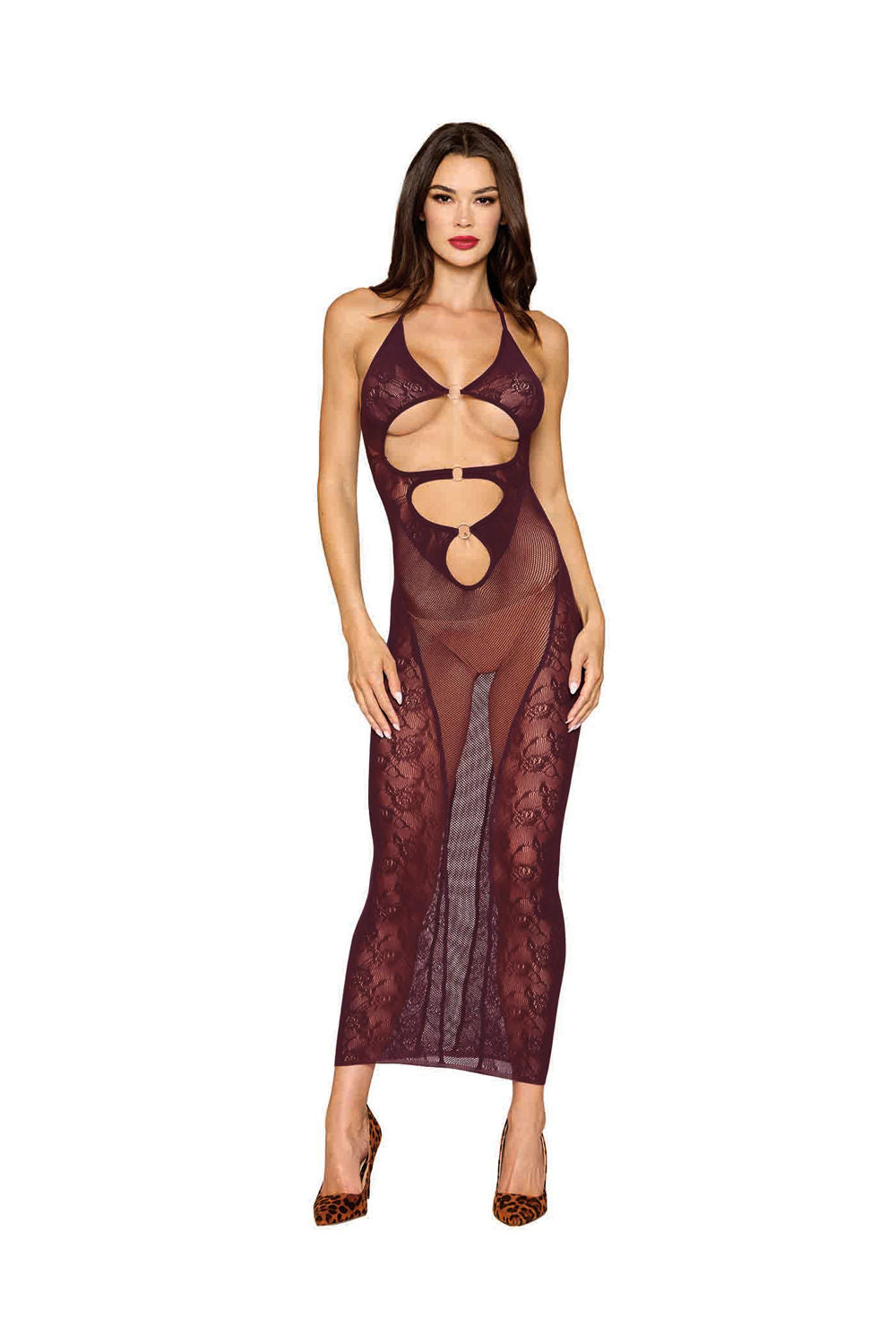 Dreamgirl Cherry Lacquer Bodystocking Gown and Shrug Lingerie Burgundy Bodystocking