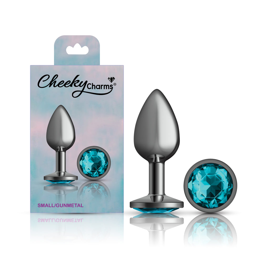 Cheeky Charms Gunmetal Round Butt Plug With Teal Jewel Small (6.78cm) > Anal Range > Jewel Butt Plugs