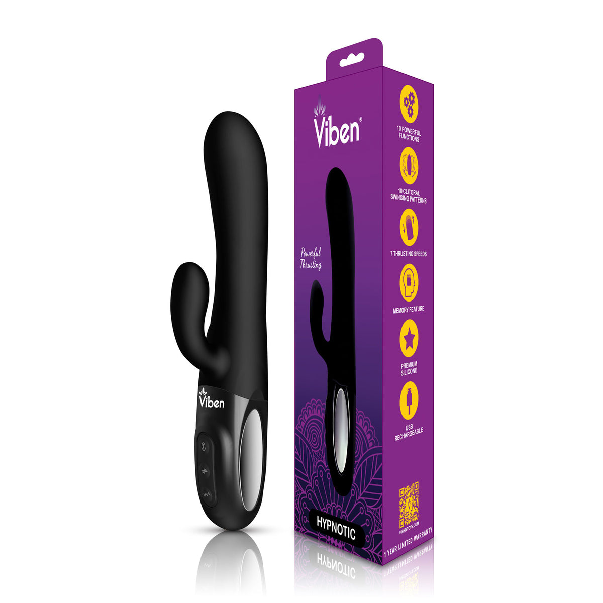 Viben Hypnotic Thrusting Rabbit Vibe with Swinging Clit Stimulator in Black > Vibrators > Ladies > Rabbit