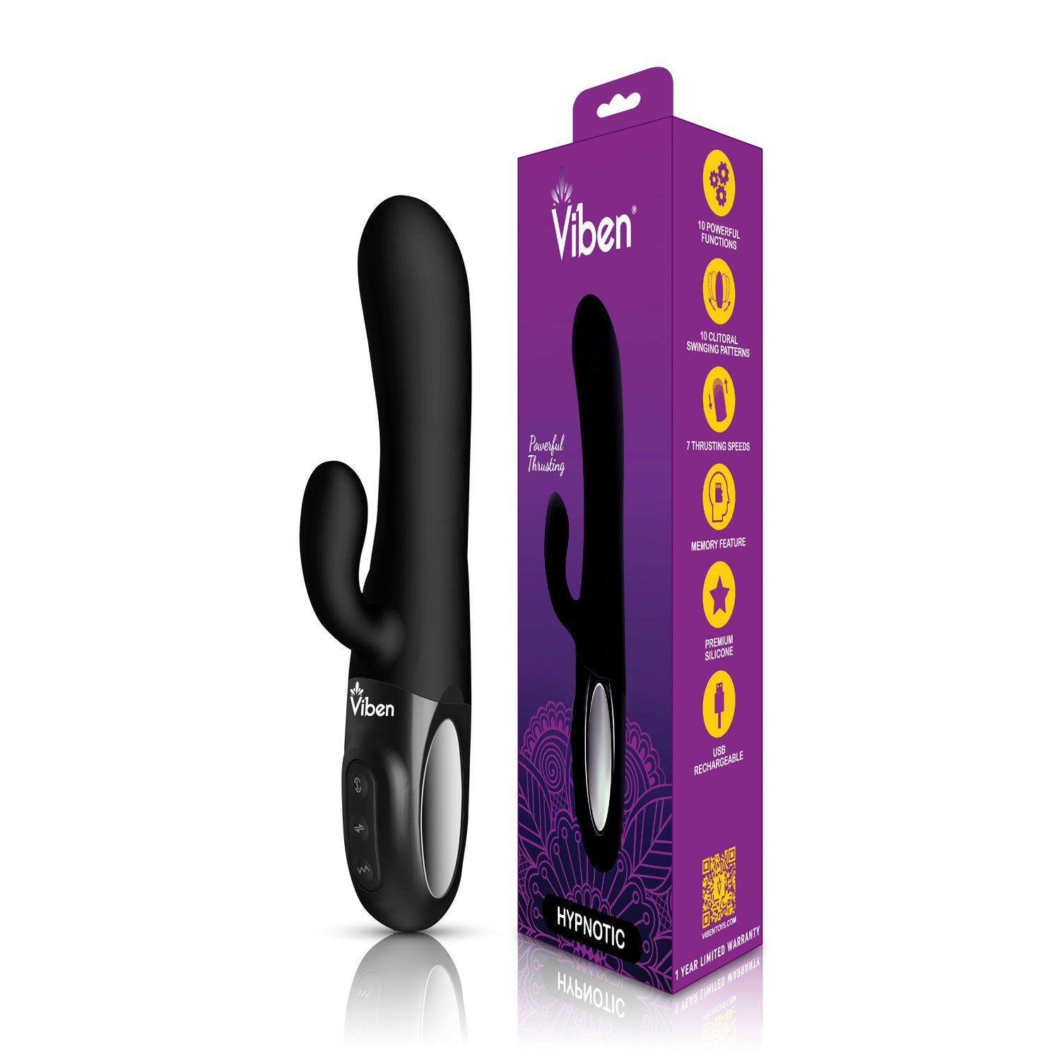 Viben Hypnotic Thrusting Rabbit Vibe with Swinging Clit Stimulator in Black > Vibrators > Ladies > Rabbit