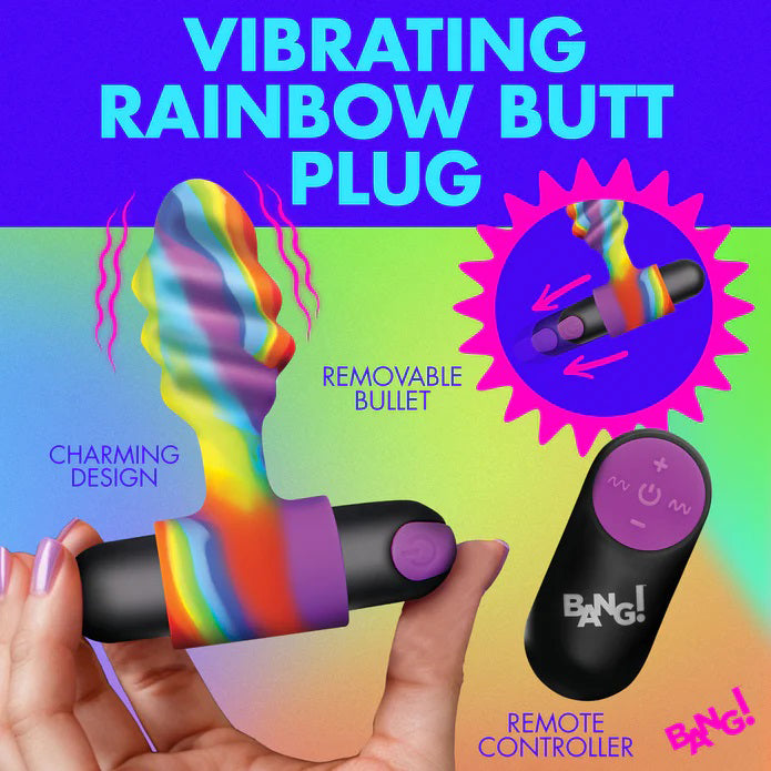 Bang Vibrating Rainbow Butt Plug with Rechargeable Bullet and Remote Control Butt Plugs - Vibrating