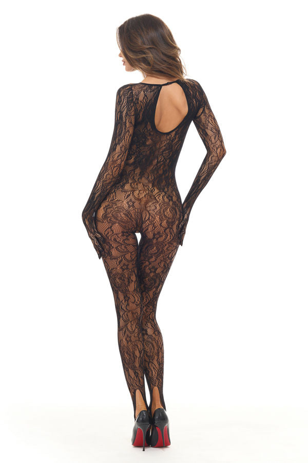 Rene Rofe Split Up Lace Bodystocking Black One Size Lingerie Bodystocking