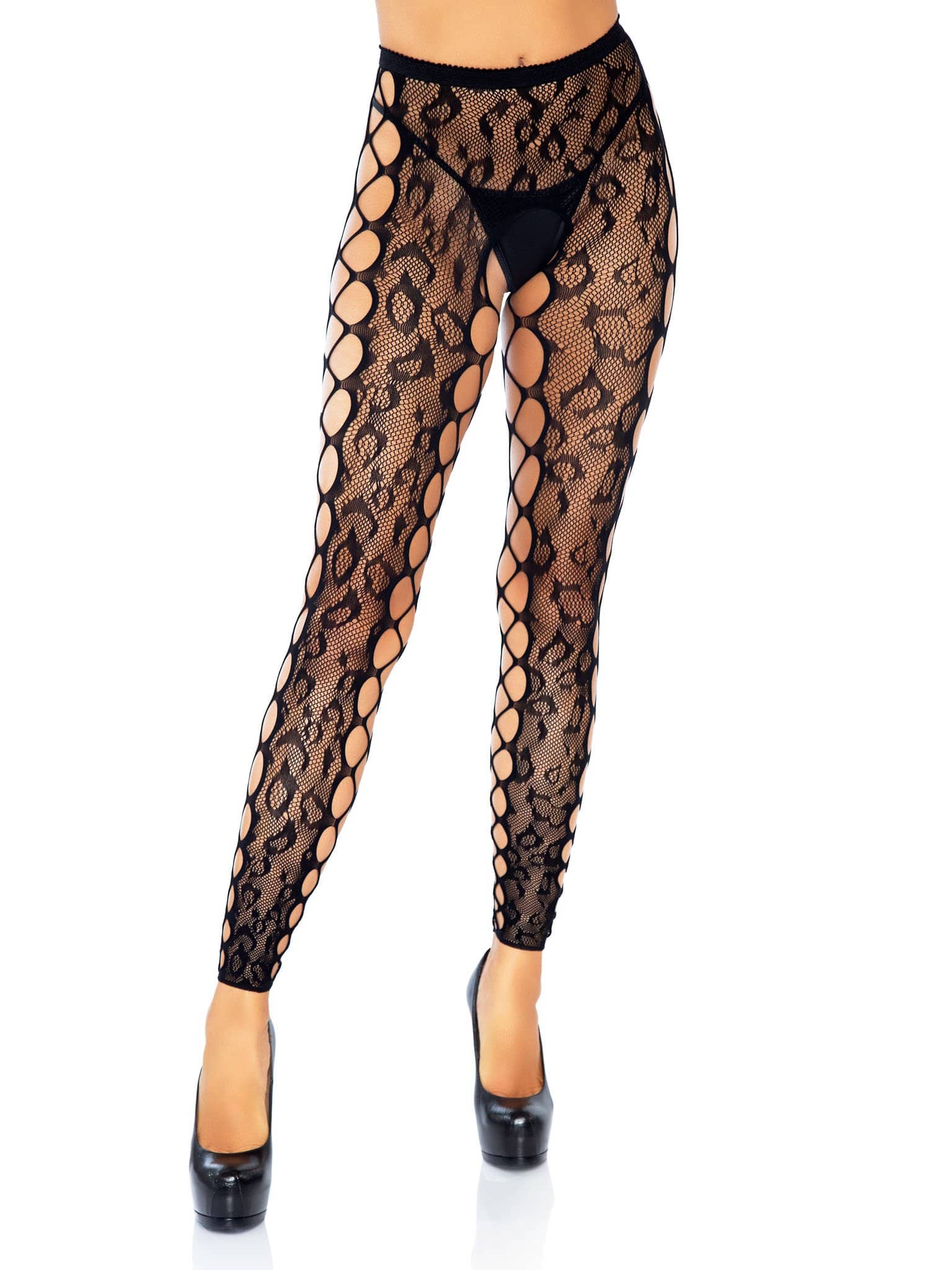 Footless Leopard Lace Crotchless Tights Sexy Hosiery Black Hosiery
