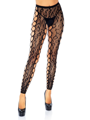 Footless Leopard Lace Crotchless Tights Sexy Hosiery Black Hosiery