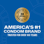 Gold seal with text, “3X tested, trusted for over 100 years” above text “America’s #1 condom brand – trusted for over 100 years