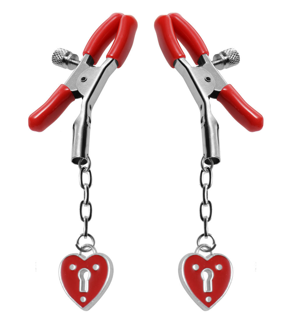 Charmed Heart Padlock Nipple Clamps with Adjustable Screw Grip Red Nipple Clamps