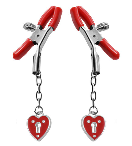 Charmed Heart Padlock Nipple Clamps with Adjustable Screw Grip Red Nipple Clamps