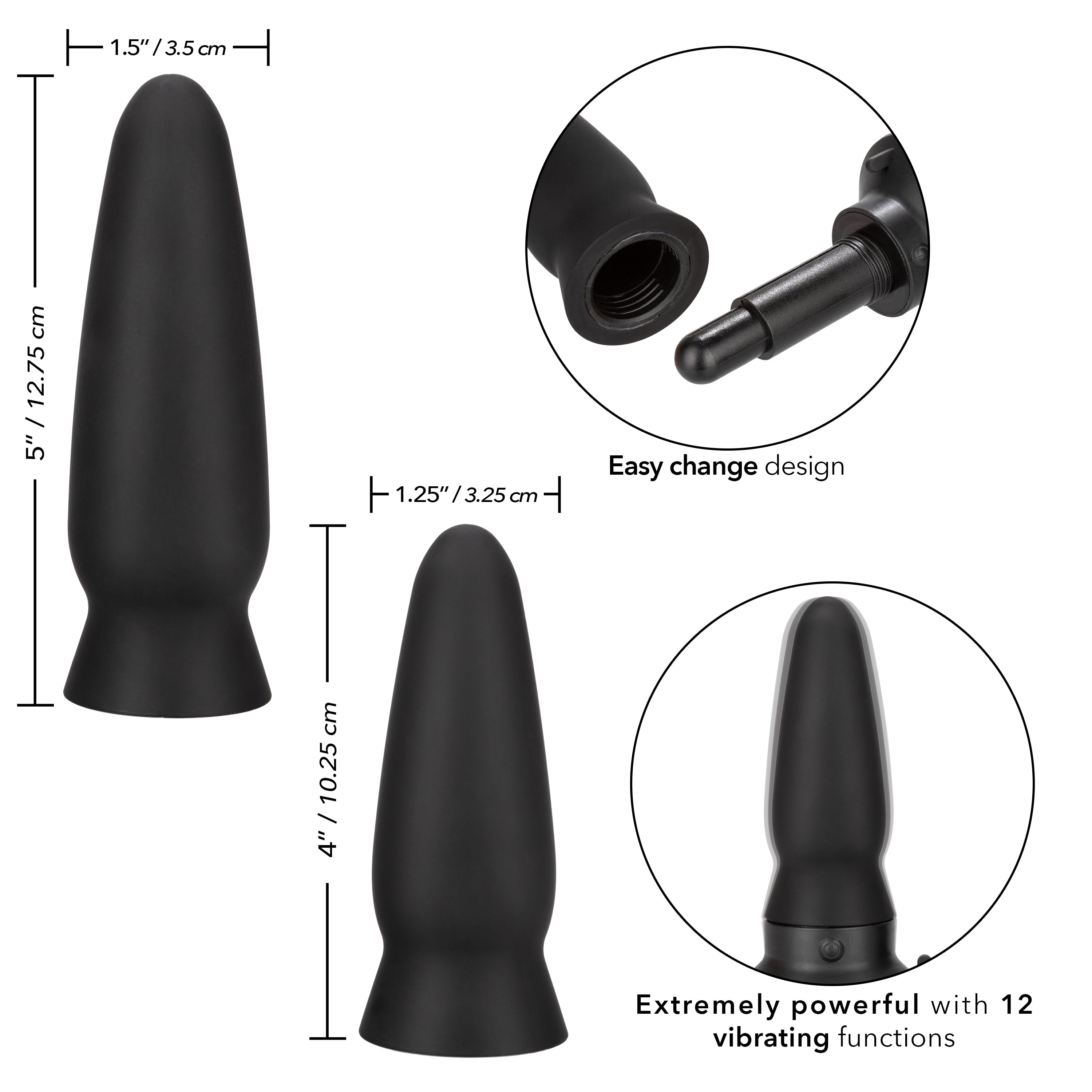 Eclipse Interchangeable Probe Black Silicone Vibrating Anal Probe Set with 2 Attachments and Suction Cup Base Butt Plugs - Vibrating