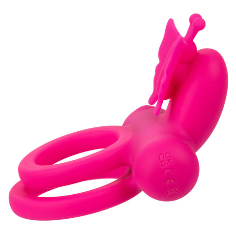 CalExotics Silicone Rechargeable Pink Butterfly Dual Ring with 12 Vibration Functions and Waterproof Design Cock Rings Vibrating