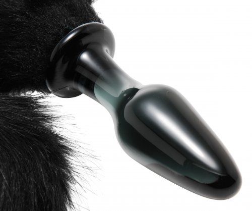 Midnight Fox Glass Anal Plug with Long Black Fur Tail Tails