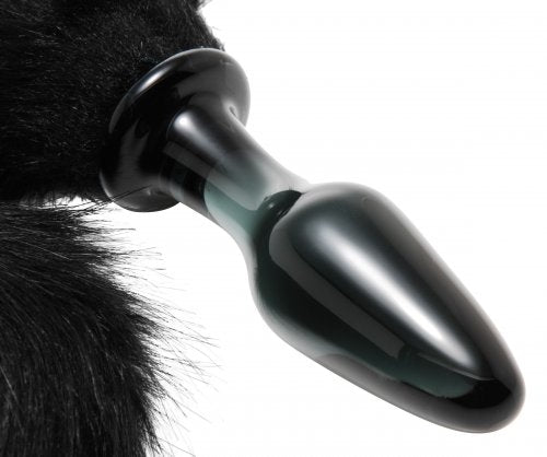 Midnight Fox Glass Anal Plug with Long Black Fur Tail