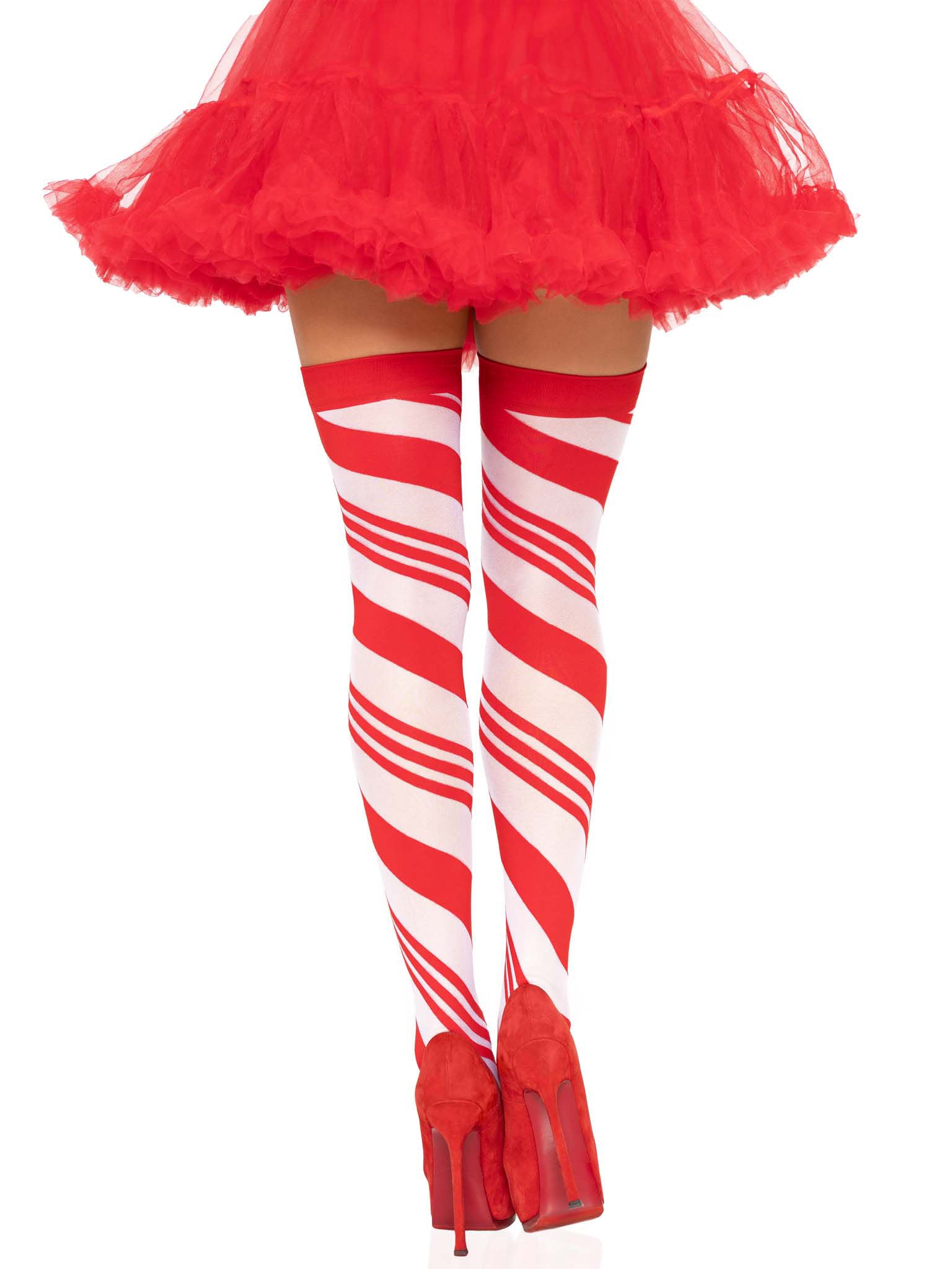 Candy Cane Thigh High (White Red) – Sheer One Size Hosiery One Size > Clothes > Hosiery > Stockings