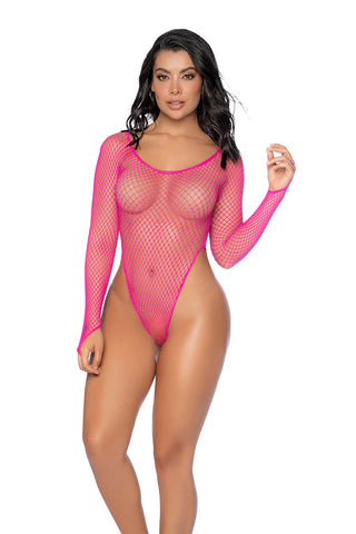 Essential Fishnet Long Sleeve Bodysuit - Os - Neon Pink Pink Bodystocking
