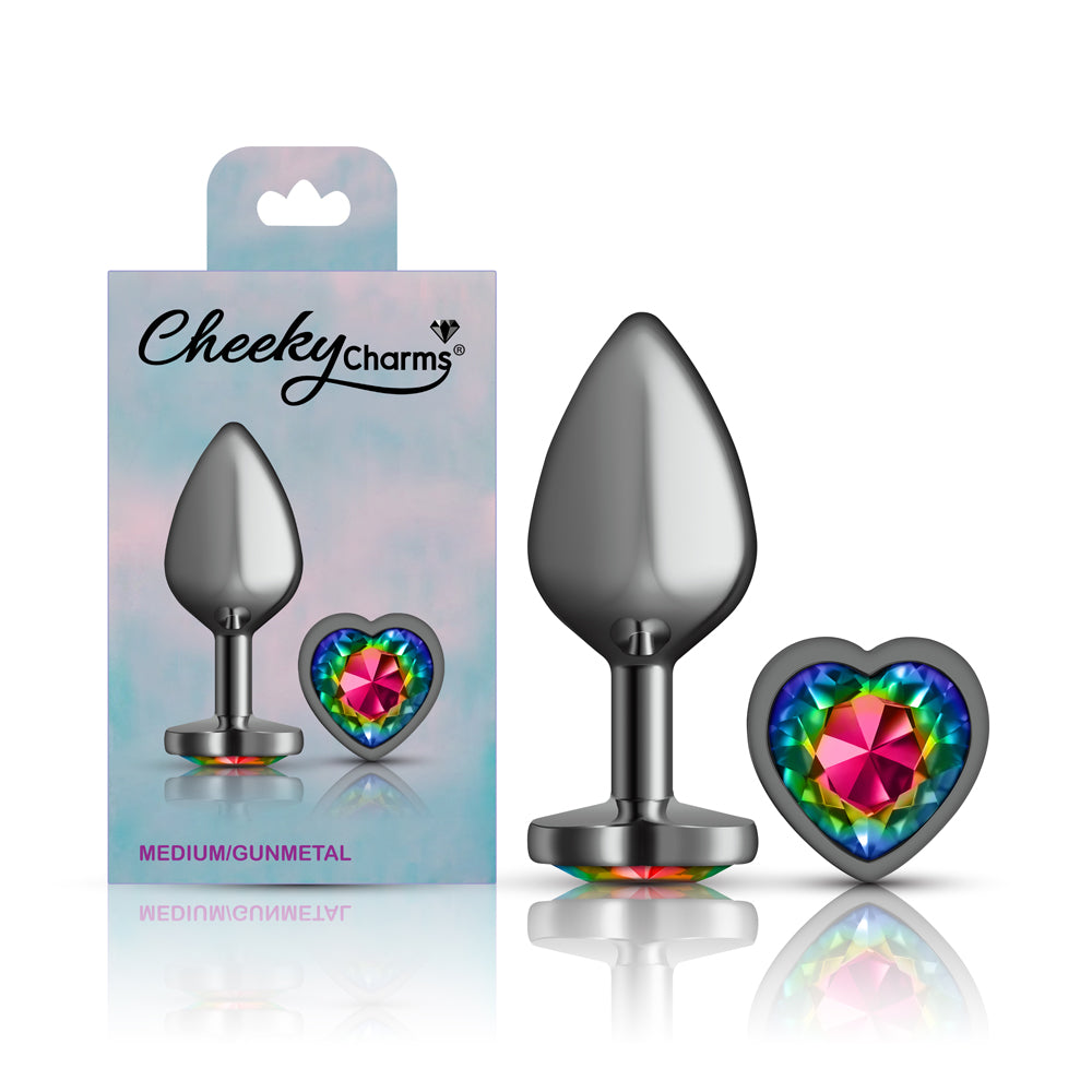 Cheeky Charms Gunmetal Medium Butt Plug with Heart Rainbow Jewel > Anal Range > Jewel Butt Plugs