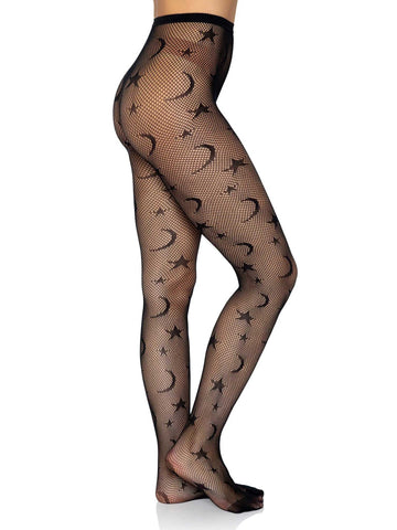 Celestial Fishnet Tights With Stars and Moons Black One Size Hosiery